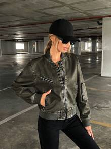 SHEIN Essnce Women's Pu Leather Aviator Jacket - Green - View 5