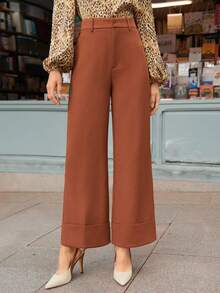 SHEIN Frenchy 純色卷邊西裝褲 - 棕色 - 查看 3
