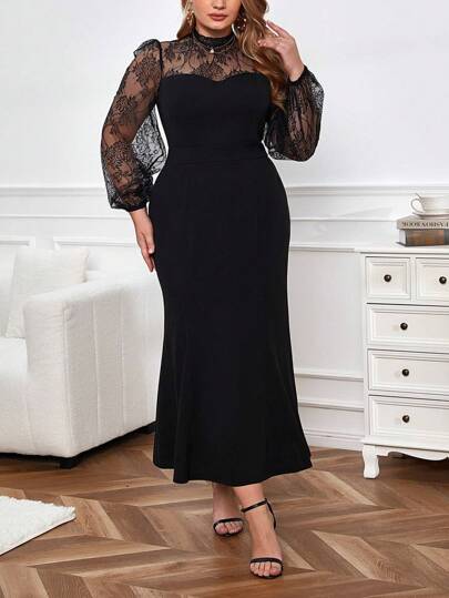 SHEIN Privé 優雅大碼女士襯托袖蕾絲接縫人魚擺裙連衣裙