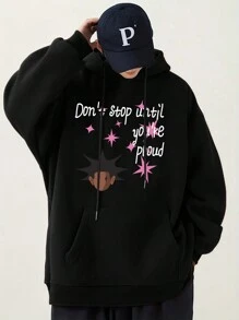 男士休閒連帽衫,口號印花帶束繩 - 黑色 - 查看 2