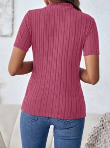 SHEIN Clasi Mock Neck Ribbed Knit Tee - Hot Pink - View 2