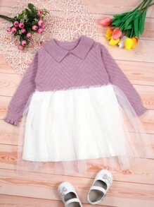 Baby Girls' Contrast Mesh Knit Sweater Dress - Purple - View 1