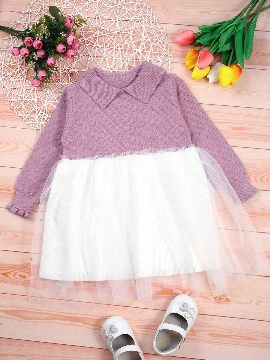 Baby Girls' Contrast Mesh Knit Sweater Dress - Purple - View 1