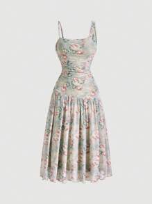 SHEIN PETITE Floral Printed Ruffle Asymmetrical V-Neck Midi Dress - Multicolor - View 3