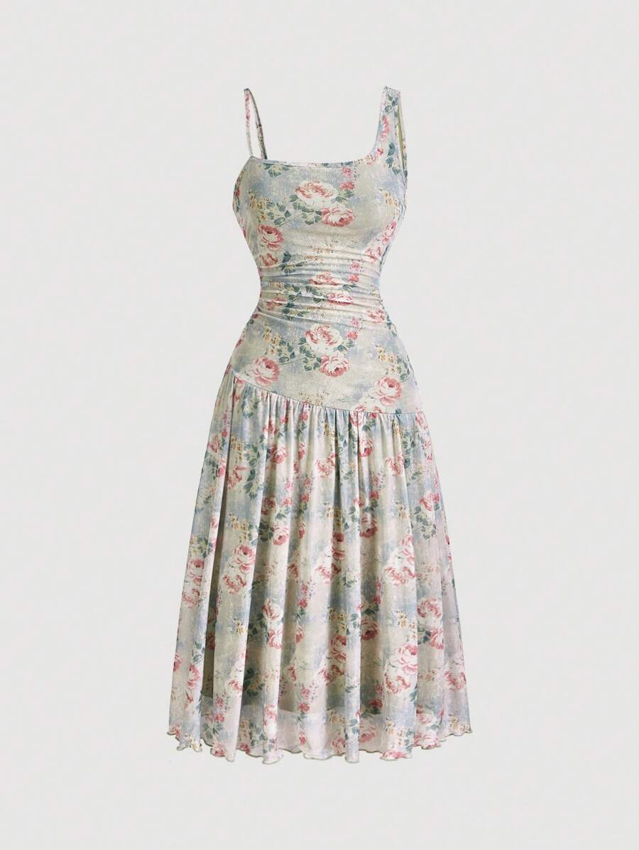 SHEIN MOD Floral Print Ruched Bust Asymmetrical Neck Dress - Green - View 1