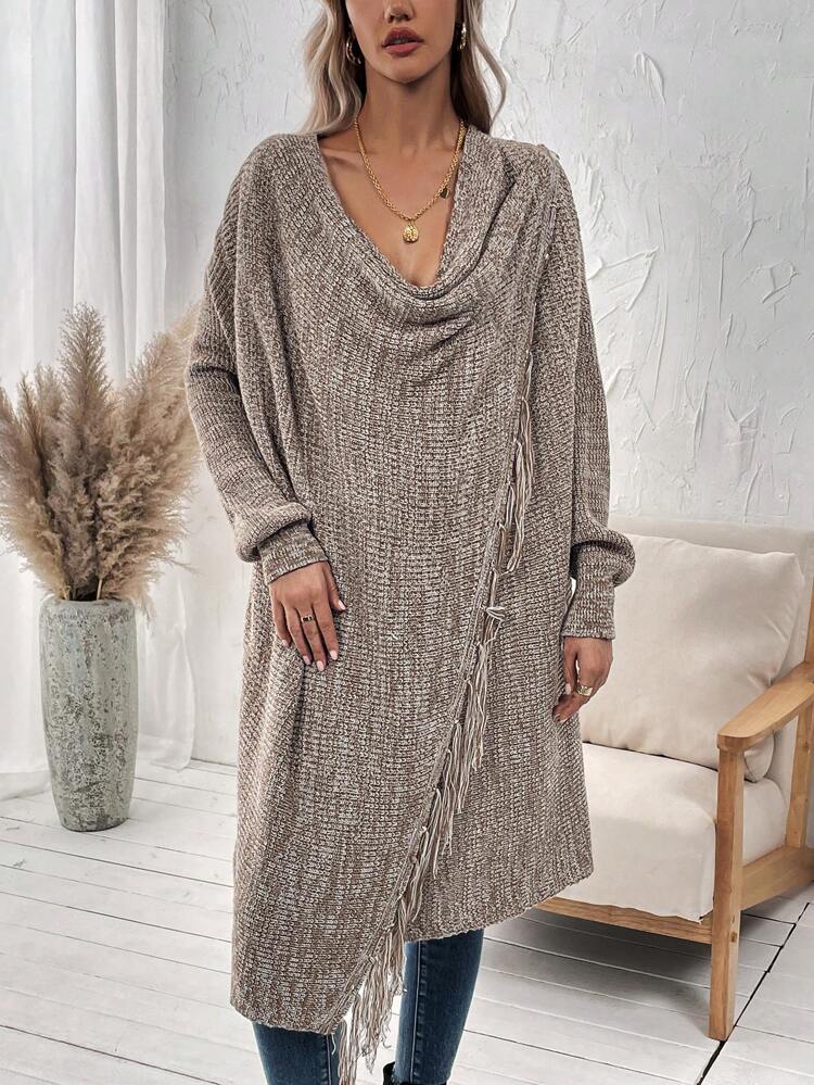 Women'S Drape Neck Fringe Hem Cardigan