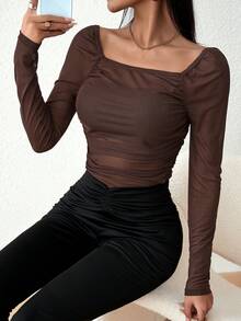 SHEIN Privé Solid Color Mesh Square Neck Pleated Long Sleeve Top - Brown - View 3