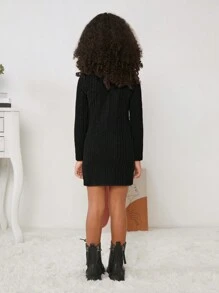 SHEIN Young Girl Solid Color Round Neck Long Sleeve Dress - Black - View 2