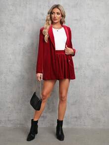 SHEIN Tall Shawl Collar Velvet Blazer & Shorts - Burgundy - View 3