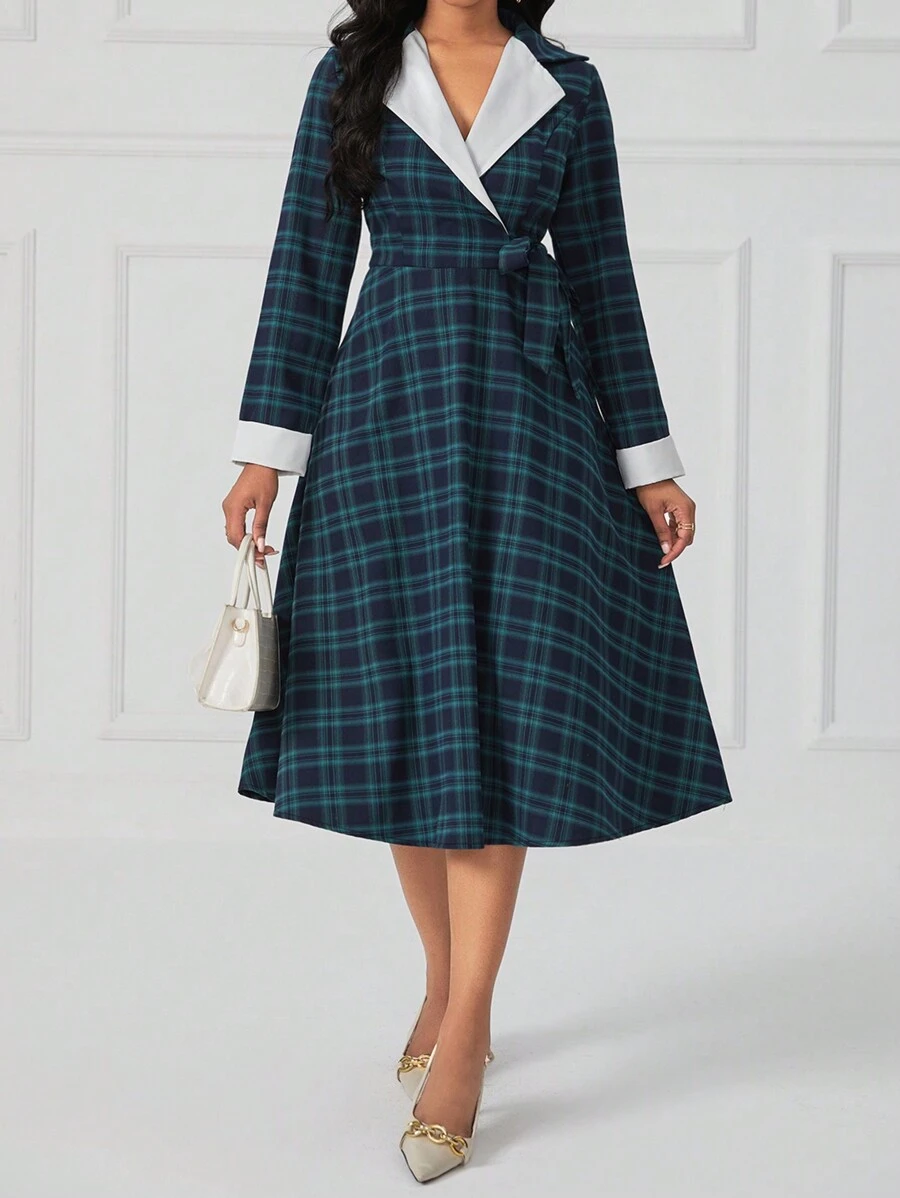 SHEIN Lady Lapel Neck Tie Side Plaid Dress - Multicolor - View 1