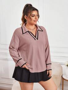SHEIN Essnce Plus Size Women's Striped Edge Ribbed T-shirt - Purple - View 6