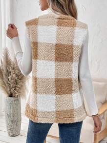 SHEIN LUNE 無毛衣款水牛格紋開衫式背心外套 - 杏色 - 查看 2