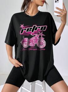 SHEIN EZwear Motorcycle & Letter Graphic Drop Shoulder Tee & Biker Shorts - Black - View 3