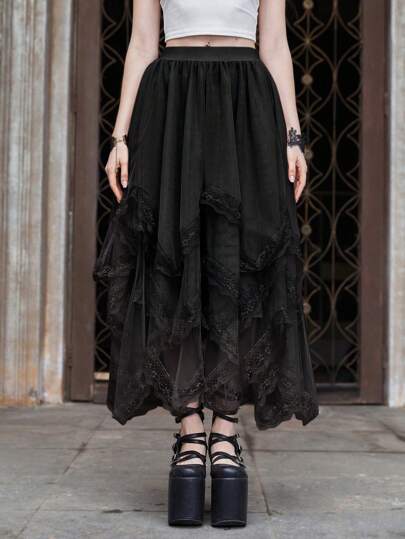 ROMWE Goth アシンメトリー マルチレイヤー レーススカート
