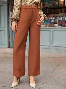 SHEIN Frenchy 純色卷邊西裝褲 - 棕色 - 查看 5