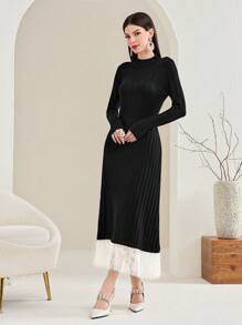 Modelyn Women's Patchwork Lace Detail Ribbed Knitted Sweater Dress With Round Neckline, Without Waist Belt Fall Cloth For Women - Black - View 4