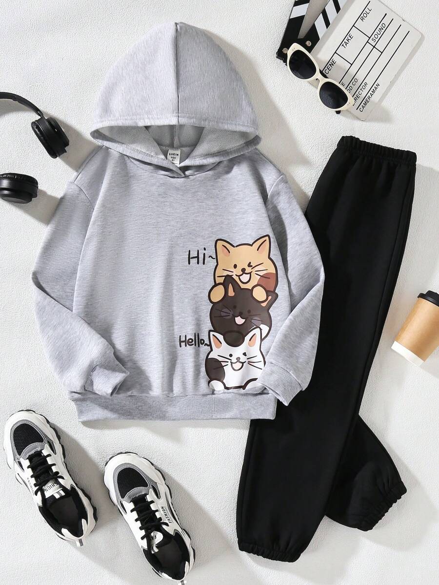 SHEIN 少女貓咪印花套裝連帽衫和褲子 - 彩色 - 查看 1