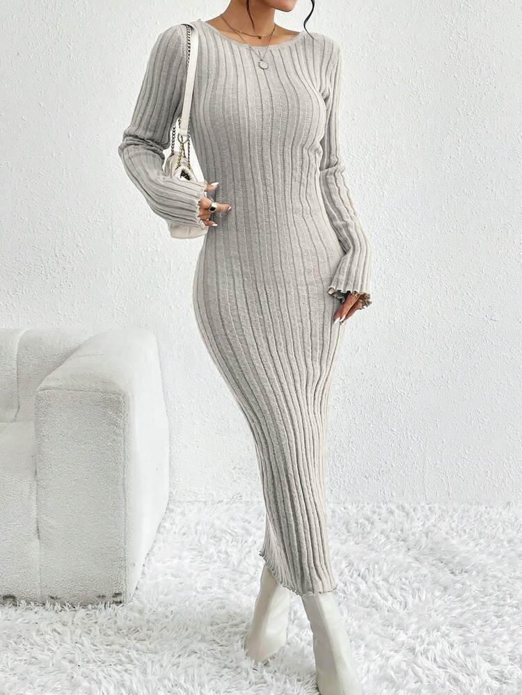 Women's Solid Color Sweater Dress With Ribbed Design