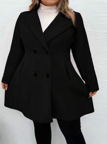 SHEIN CURVE+ Plus Lapel Neck Double Breasted Overcoat - Black - View 6