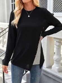SHEIN LUNE Color Block Button Detail Asymmetrical Hem T-Shirt - Black - View 3