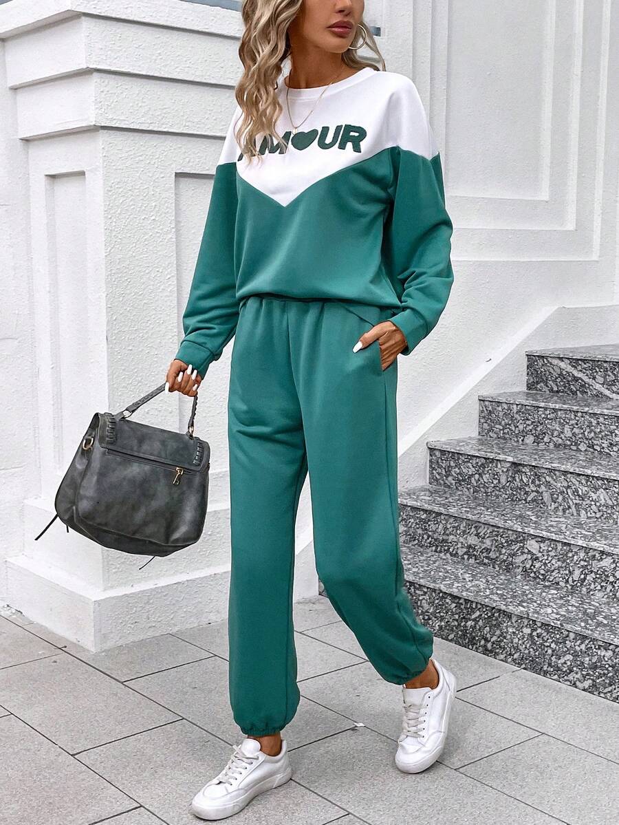 SHEIN LUNE Women's Color Block Letter Printed Drop Shoulder Sweatshirt And Sweatpants Set - Multicolor - View 1