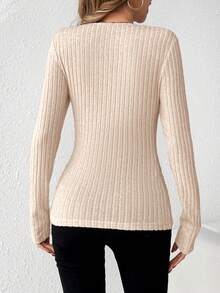 SHEIN Tall 素色V領羅紋針織修身T恤 - 杏色 - 查看 2