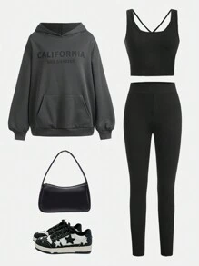 SHEIN Girlism 青少年女孩 1 件標語圖案連帽衫和 1 件打底褲和 1 件交叉後背吊帶背心上衣