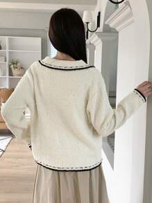 DAZY 女式對比色卷邊雙排扣針織衫 - 米色 - 查看 2