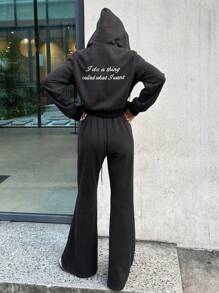 DAZY Women's Letter Print Drawstring Hoodie And Flare Pants 2pcs Set Tracksuits Women Set Lounge Sets For Women