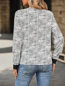 SHEIN LUNE Vải lanh nhìn In Của phụ nữ Cổ chữ V Áo sơ mi Với Viền tương phản - trắng - Xem 2