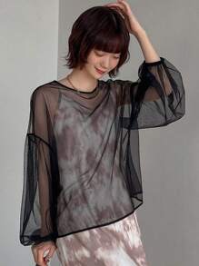 FRIFUL 女士灯笼袖透视T恤透明上衣长袖上衣 - 黑色 - 查看 1