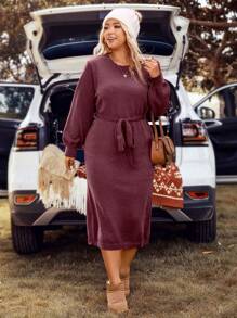 SHEIN LUNE Plus Size Solid Color Lantern Sleeve Sweater Dress With Belt Winter Fall Autumn - Burgundy - View 3