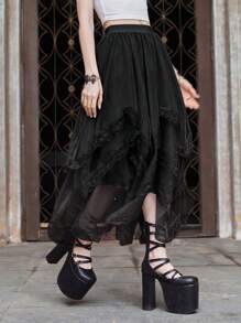 ROMWE Goth Asymmetrisk Flerlagers Lace Patchwork-kjol - Svart - Visa 4