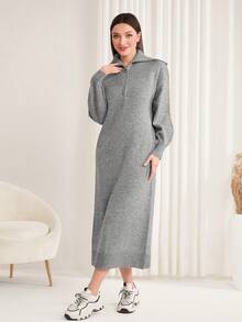 Mulvari Màu thuần Dây kéo nửa Đầm Áo len - Xám - Xem 4