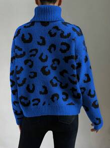 SHEIN LUNE Leopard Print Turtleneck Sweater,Long Sleeve Tops Knit Pullover Fall Winter Outfit - Multicolor - View 2