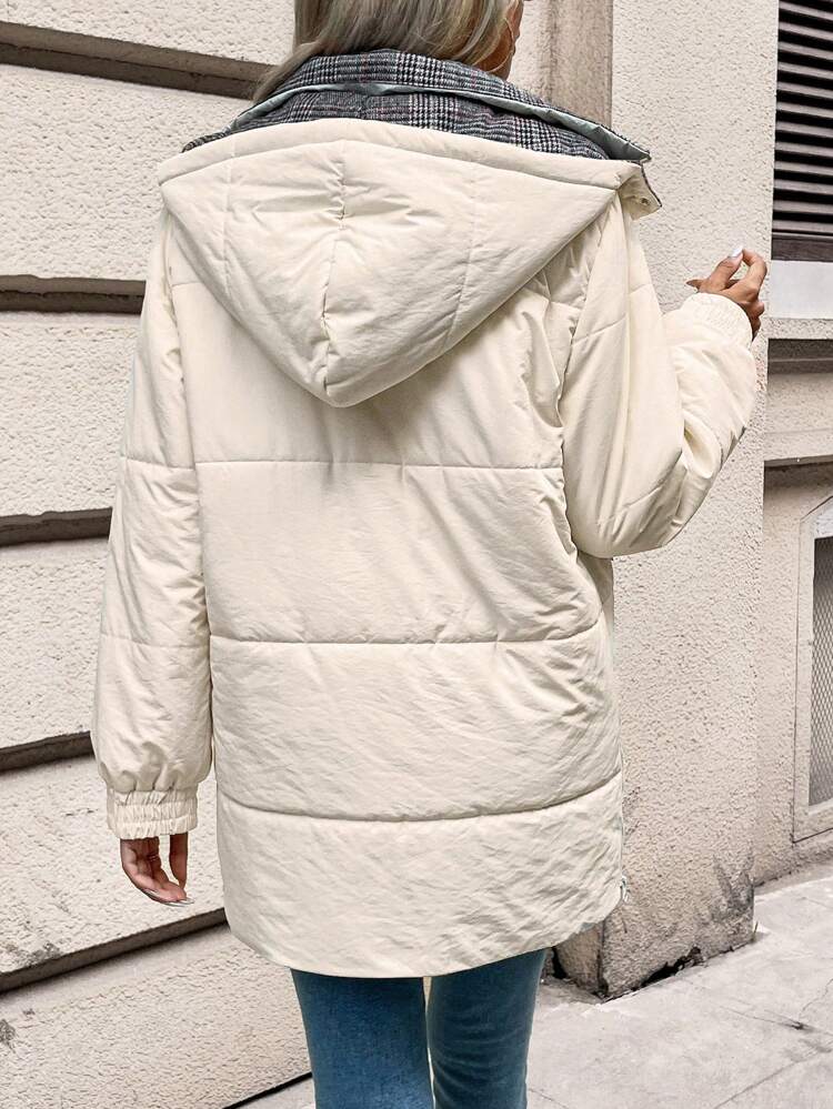 Women'S Hooded Plaid Lined Padded Coat With Padding Winter Casual