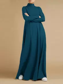 Women Dresses Split Plain Casual - Biru - View 3