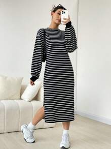 SHEIN EZwear 黑白針織女式長袖連衣裙 - 黑與白 - 查看 1