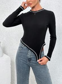 SHEIN Essnce Women's Color Block Asymmetrical Hem T-Shirt With Contrast Stitching - Black - View 1