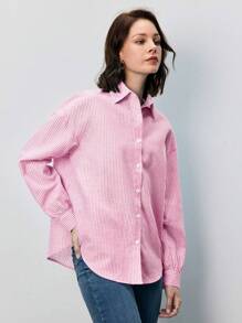 SHEIN Frenchy Striped Print Drop Shoulder Shirt - Pink - View 1
