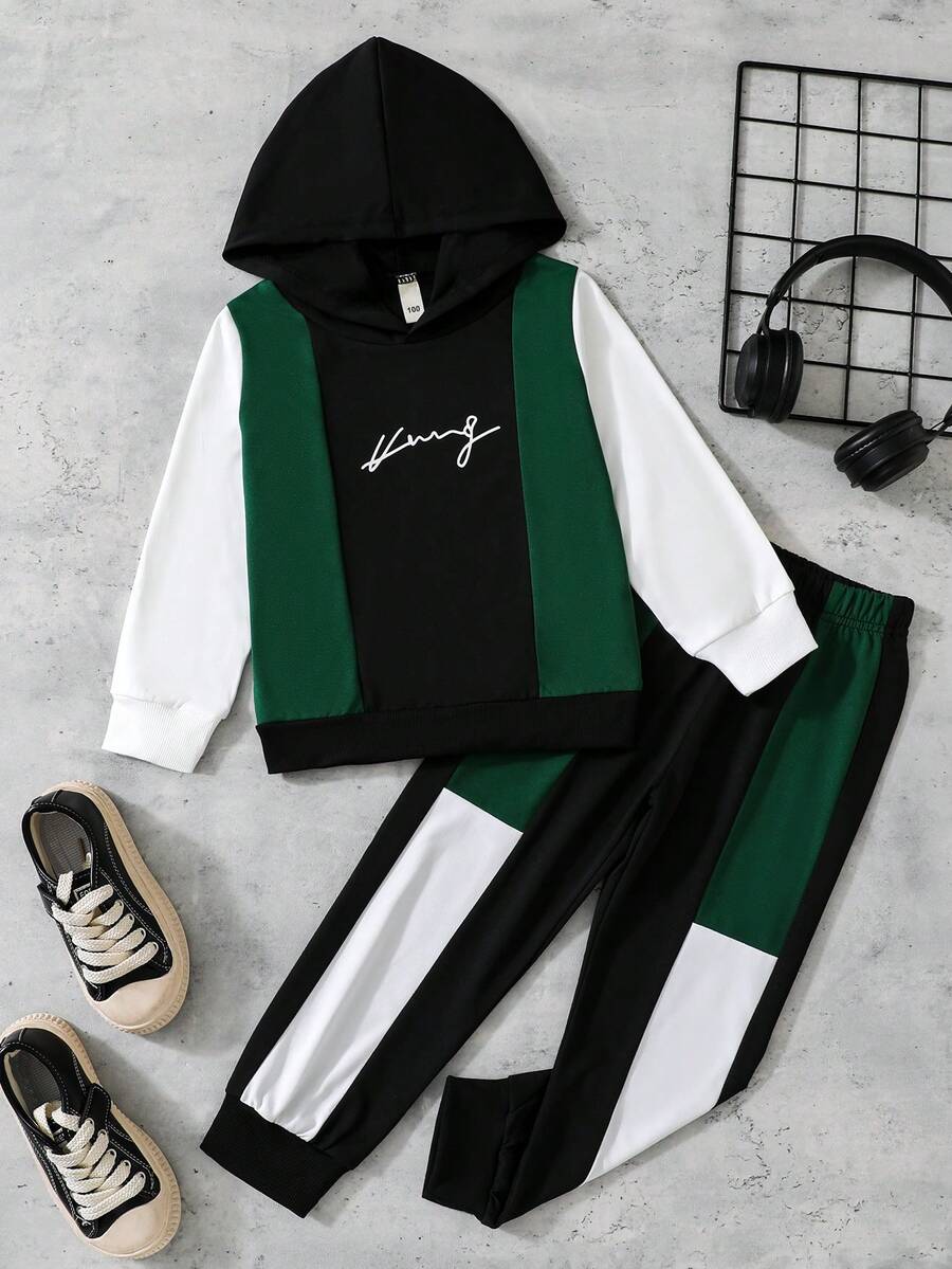 Bé trai Khối màu Tay áo dài Lá thư In Hoodie Và Quần thể thao Bộ - Nhiều màu - Xem 1