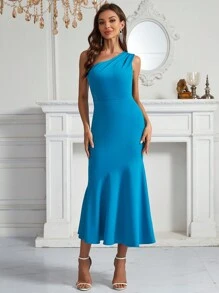 SHEIN Belle Kleid mit einer Schulter frei, Meerjungfrau Saum, - Blau - Übersicht 4