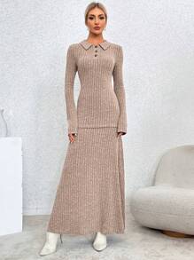 SHEIN Essnce 女士肋條領t恤和裙子套裝