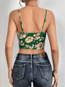 Allurite Floral Print Herringbone Strap Tank Top - Green - View 2
