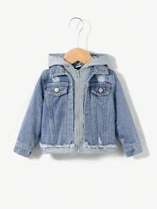 SHEIN 女嬰破洞翻蓋細節二合一連帽牛仔夾克不帶T恤 - 中等水洗藍 - 查看 3