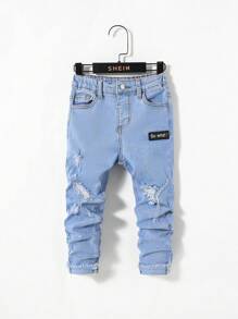 SHEIN Young Boy Letter Patched Ripped Jeans - Light Wash - View 1