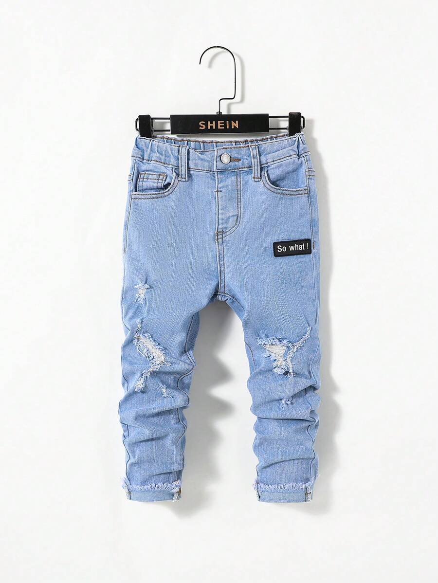 SHEIN Young Boy Letter Patched Ripped Jeans - Light Wash - View 1