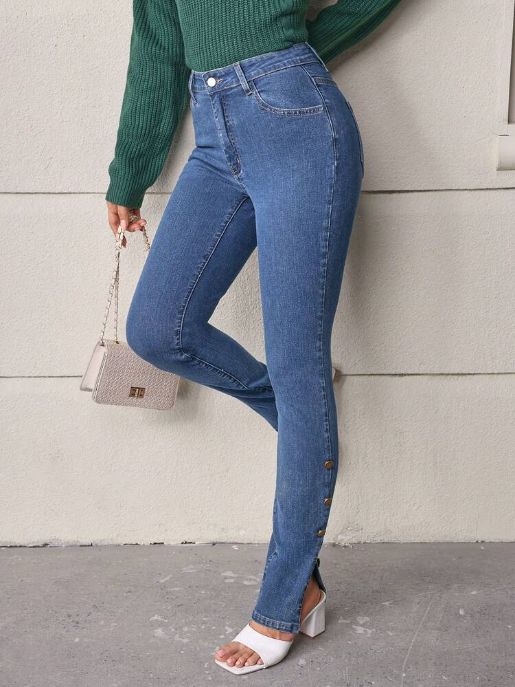 Women's Tight-fitting Jeans With Split Hem