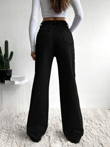 SHEIN Cottnline Solid Color Straight Leg Casual Jeans - Black - View 5