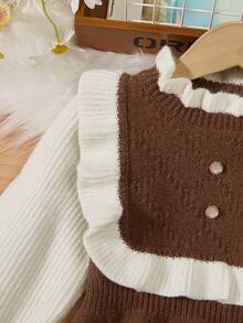 SHEIN 青少女拼色半高領荷葉邊毛衣連衣裙,配有燈籠袖 - 摩卡棕 - 查看 4